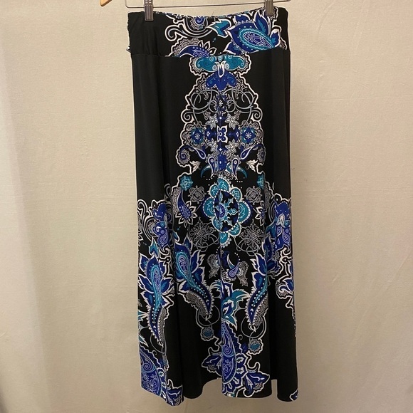 Robert Louis Petite Small Long Flowy Maxi Skirt Black W/ Blue Abstract Stretchy - Picture 7 of 7